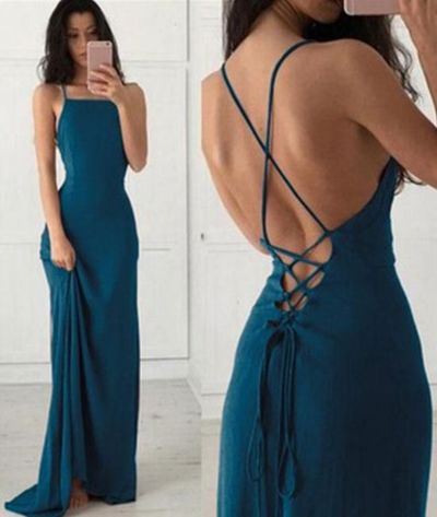 Simple blue backless chiffon long prom dress, blue evening dress