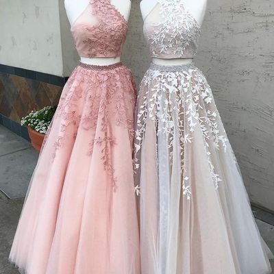Two piece long prom dress, pink long prom dress - Thumbnail 5
