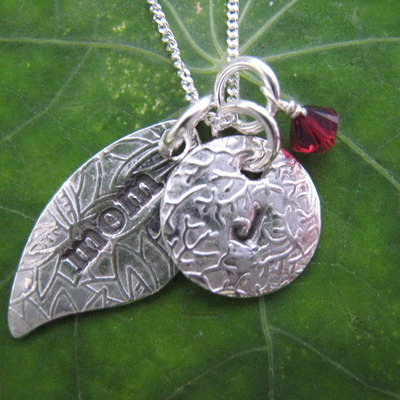 Mom leaf necklace with 1 initial m,1 birthstone