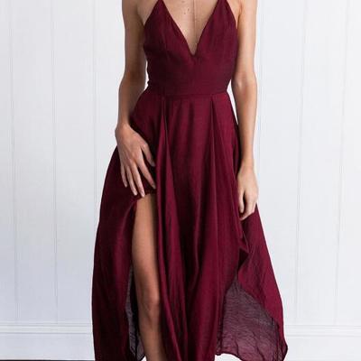 Sexy assymetrical hem cross back burgundy long prom/evening dress