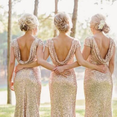 Mermaid cap sleeve gold sparkly long bridesmaid dresses