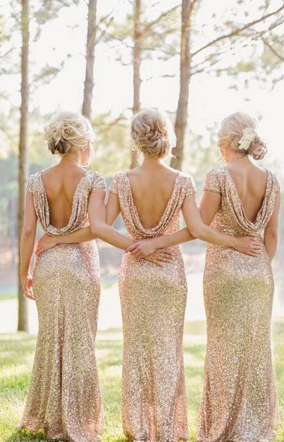 Mermaid Cap Sleeve Gold Sparkly Long Bridesmaid Dresses
