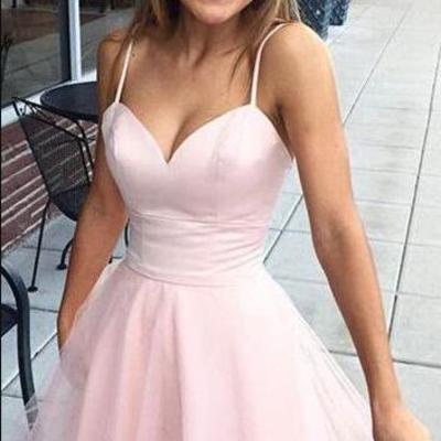Spaghetti strap tulle cute pink homecoming dress a line graduation dress  - Thumbnail 5