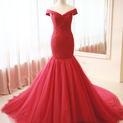  off shoulder sleeves evening dress,red prom dress,sexy mermaid red wedding dress