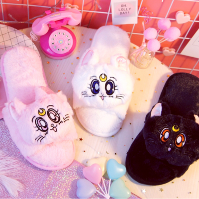Cartoon sailor moon luna cat furry slippers