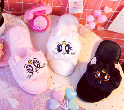 Cartoon Sailor Moon Luna Cat Furry Slippers