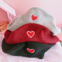 Sweet Red Heart Embroidery Soft Wool Beret Hat - Thumbnail 2