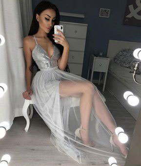 Silver Spaghetti Straps Long Prom Dresses 