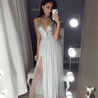 Silver Spaghetti Straps Long Prom Dresses  - Thumbnail 1