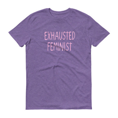 Exhausted feminist unisex short-sleeve t-shirt (purple and green)