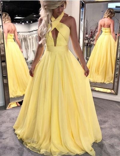 Halter Yellow Long Prom Dresses with Keyhole