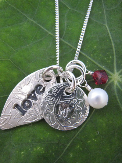 Love leaf necklace, initial, pearl, birthstone