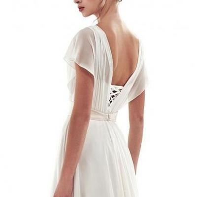 Lace-up simple short sleeves a-line vintage wedding dress - Thumbnail 5