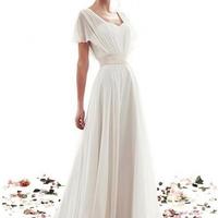 Lace-up Simple Short Sleeves A-line Vintage Wedding Dress - Thumbnail 1
