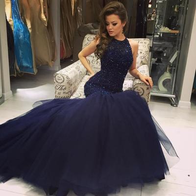 Navy blue beading mermaid prom dress, tulle prom dress