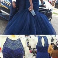 Navy Blue Beading Mermaid Prom Dress, Tulle Prom Dress - Thumbnail 1