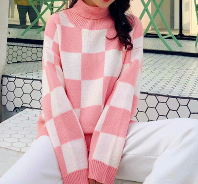 Pastel Pink / Blue Checker Turtle Neck Sweater