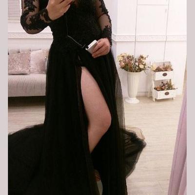 Black party dresses, long sleeves party dresses, prom dress - Thumbnail 4