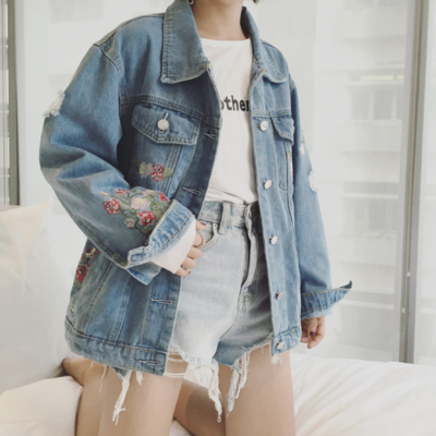 {free shipping} flower embroidered denim jacket coat