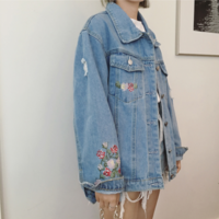 {Free Shipping} Flower Embroidered Denim Jacket Coat - Thumbnail 1