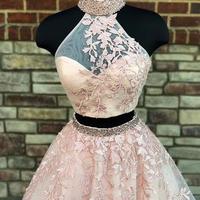 Custom made two pieces lace  long prom dress, lace evening dress - Thumbnail 1