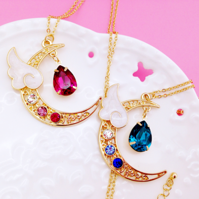 Harajuku moon angel wing rhinestone necklace