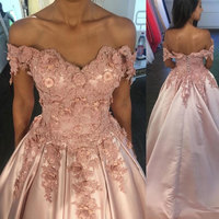 Off the Shoulder Pink Long Prom Dress Birthday Dress with Handmade Flowers - Thumbnail 1