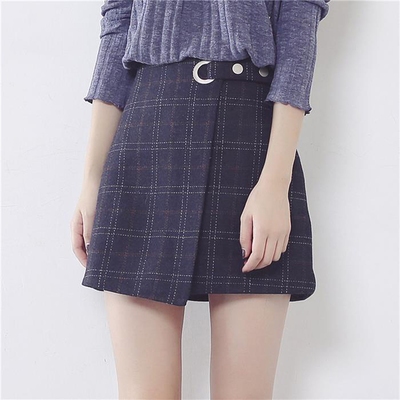 Harajuku retro chic cute buckle design high waist navy blue skirt - Thumbnail 4