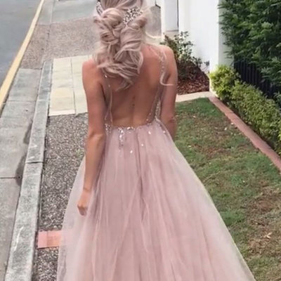 Deep v neck backless prom dresses with beaded - Thumbnail 5