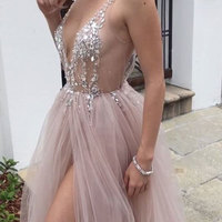 Deep V Neck Backless Prom Dresses with Beaded - Thumbnail 1
