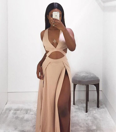 Halter Peach Spit Side Prom Dresses