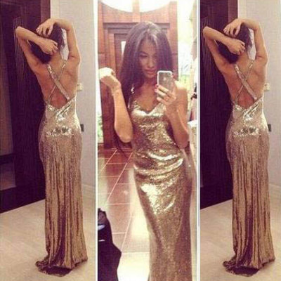 Criss cross champagne gold sequined prom dresses - Thumbnail 4