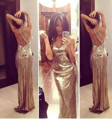Criss Cross Champagne Gold Sequined Prom Dresses