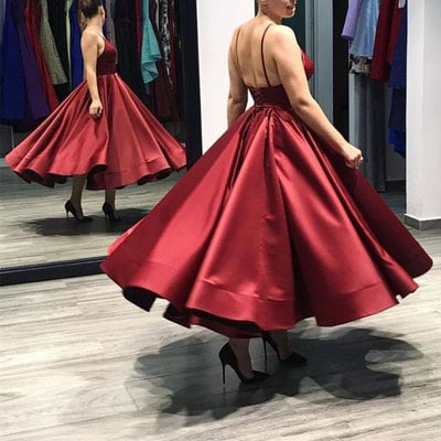Sexy ankle length spaghetti straps burgundy prom dresses homecoming gowns - Thumbnail 4