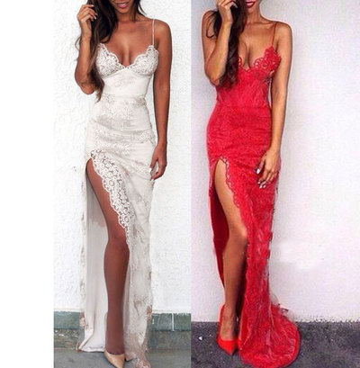 Sexy Spaghetti Straps Slit Side Ivory/Red Prom Dresses