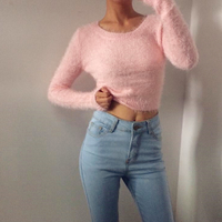 Retro Fleece Round Neck Long Sleeve Knit Top - Thumbnail 1