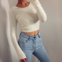 Retro Fleece Round Neck Long Sleeve Knit Top - Thumbnail 3