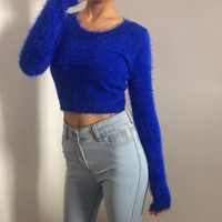 Retro Fleece Round Neck Long Sleeve Knit Top - Thumbnail 4