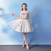 Champagne lace short prom dress, lace evening dress - Thumbnail 1