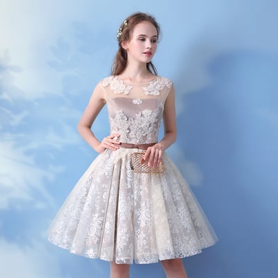 Champagne lace short prom dress, lace evening dress - Thumbnail 5