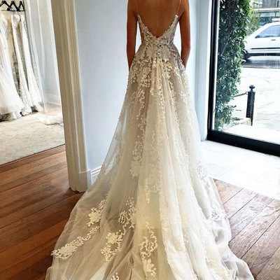 Sexy lace spaghetti straps backless wedding dress