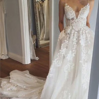 Sexy Lace Spaghetti Straps Backless Wedding Dress - Thumbnail 1