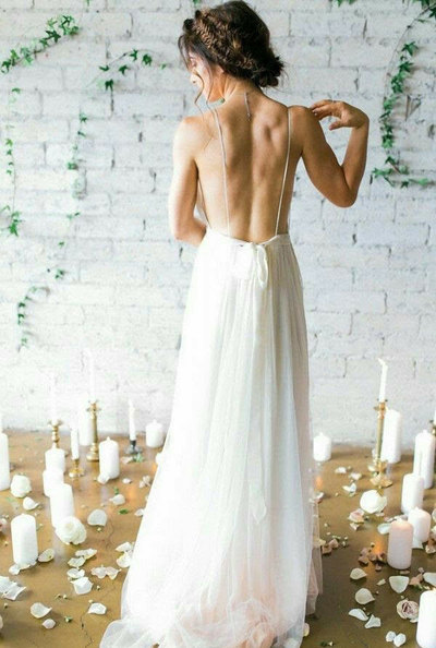 Sexy Soft Chiffon Spaghetti Straps V Neck Beach Wedding Dresses