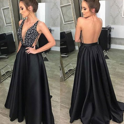 Sexy deep v neck black prom dresses with beaded - Thumbnail 5