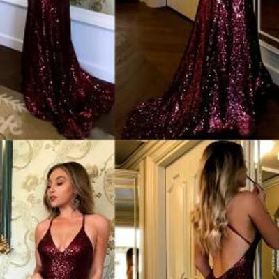 Spaghetti straps burgundy sequin backless prom/evening dresses with sweep train