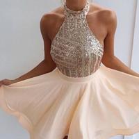Sexy Open Back Sequin Halter Sparkly Short Homecoming Dresses/Cocktail Dress  - Thumbnail 1