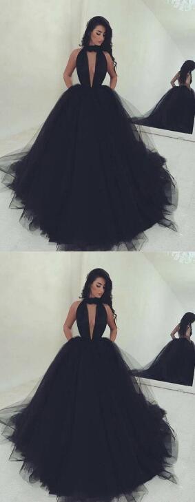 Sexy Key Hole Tulle Black Prom Dress Princess Evening Gown