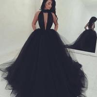 Sexy Key Hole Tulle Black Prom Dress Princess Evening Gown - Thumbnail 2
