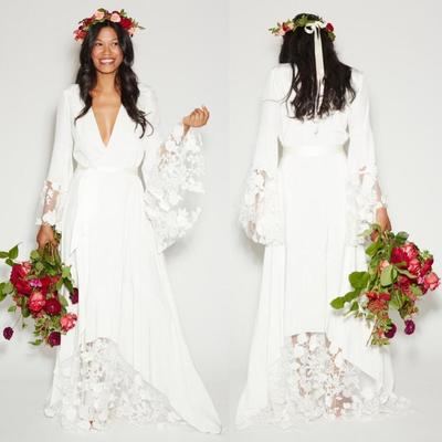  long sleeves lace flower prom dress beach wedding dress - Thumbnail 5