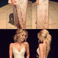 Spaghetti Side Slit Sheath Lace Prom Dresses Sexy Evening Dresses - Thumbnail 3
